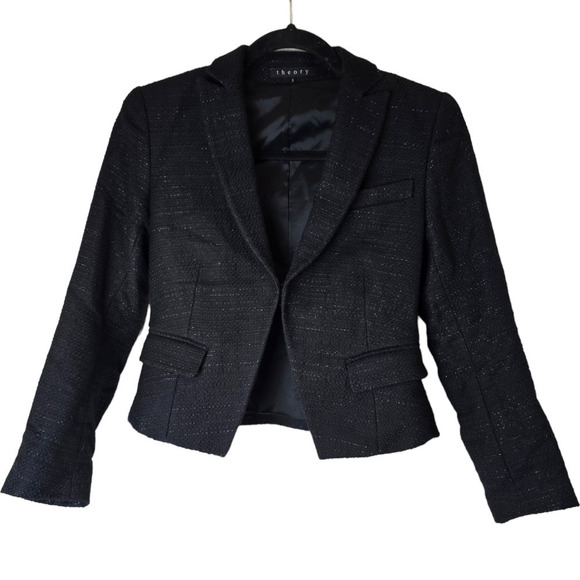 Theory cropped black Tweed blazer silver threading size 0 - Picture 1 of 11
